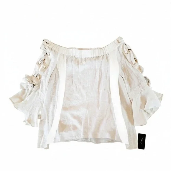 Thalia Soda 3/4 Sleeve Top Blouse Size L Iff Shoulder Lattice Sleeve Lined NWT - Picture 2 of 8